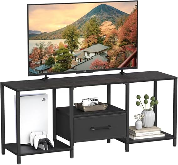 JARHETUN TV Stand with Fabric Drawer for 55 Inch TV, Entertainment Center with Open Shelves, Media TV Console Table for Living Room, Bedroom, Black
