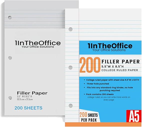 1InTheOffice College Ruled Filler Paper 5.5 x 8.5, 3 Hole Punch Filler Paper, Loose Leaf Paper, White, 200 Sheet/Pack