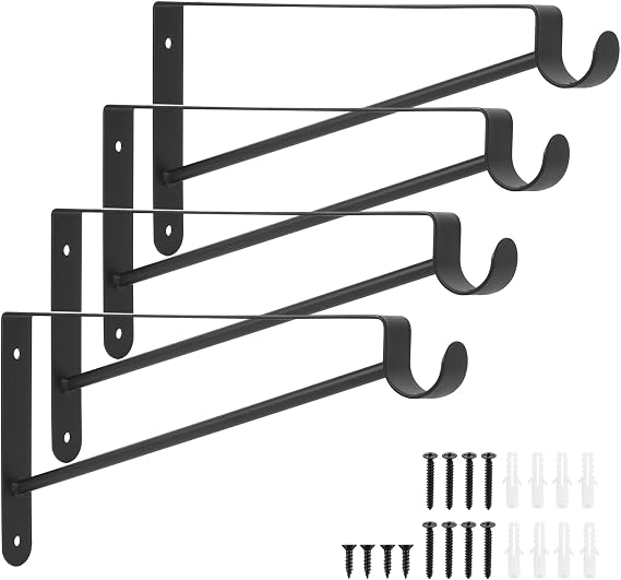 4 Pcs Closet Shelf Bracket with Pole Holder, Triangle Shelf Brackets with Closet Rod Bracket Hook, Wall Mounted Right Angle Brackets Closet Supports for Closet Pole Rod Holder, Black, 10"