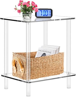 2-Tier Acrylic Small Side Table End Table Bedside Table Square Nightstand for Coffee Tea Drinking Living Room Saving Space Bedroom Bathroom Furniture 15.7 L x 11.8 W x 20 H