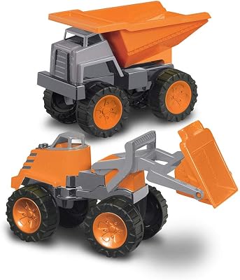 American Plastic Toys Mega Construction Set, Made In USA, 2 Heavy-Duty Vehicles, Dump Truck & Loader, Tilting Bed, Scoop, Orange, Sturdy, Ages 18 Months and Up