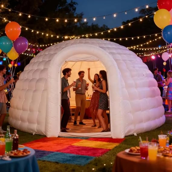 Outdoor Portable Inflatable Igloo Dome with LED Light- 13x8ft, Christmas Winter Igloo Dome for Wedding Party Exhibition Event Camping