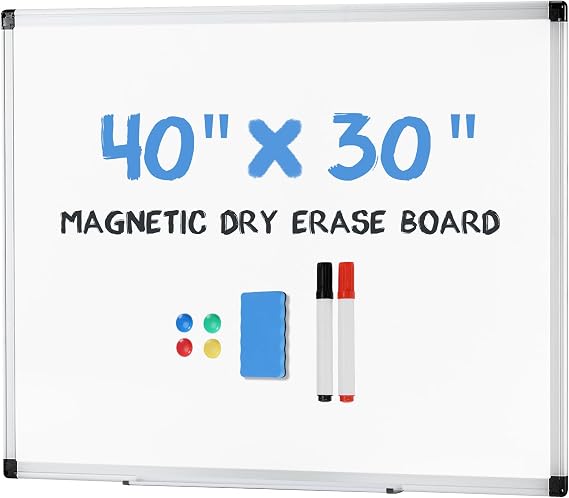 OLIXIS 30" x 40" Magnetic White Board, Dry Erase Board for Wall, Whiteboard with 1 Dry Eraser & 2 Multicolor Markers & 4 Magnetic Pins, Aluminium Frame for Home, School, Office, White