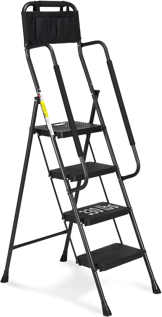 HBTower Step Ladder with Handrails, 4 Step Ladder with Attachable Tool Bag | Anti-Slip Wide Pedal for Home Kitchen Pantry Office, Black