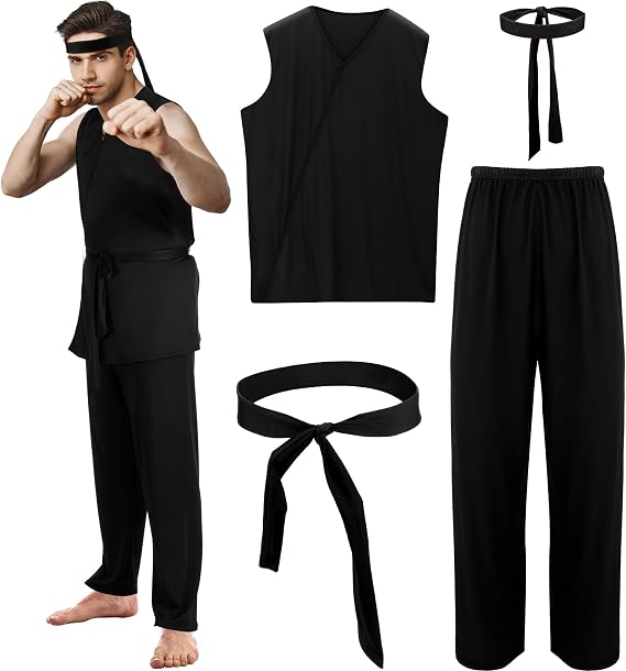 Xtinmee 4 Pcs Halloween Black Karate Costume with Headband for Men, L