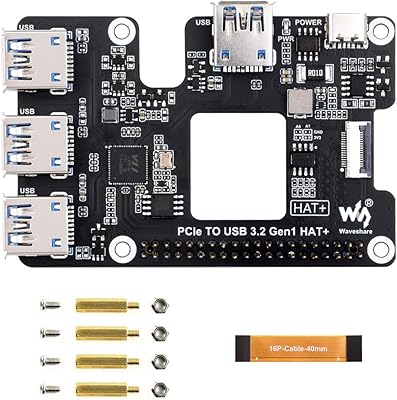 Waveshare PCIe to USB 3.2 Gen1 HAT for Raspberry Pi 5, PCIe to USB HUB, 4X High Speed USB Ports, No Driver Required, Plug and Play, HAT  Standard