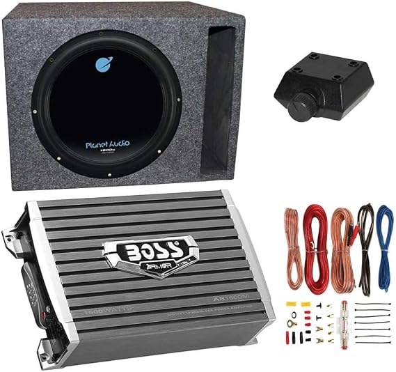 Planet Audio AC12D 12" 1800W 4 Ohm DVC Car Subwoofer Package with Boss Audio 1500W Mono A/B Amplifier, Wiring Amp Kit and QPower Vented Sub Enclosure