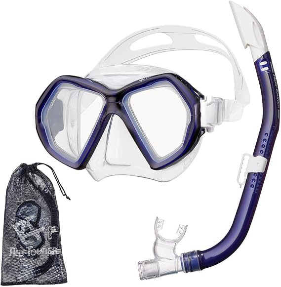 Reef Tourer Snorkeling Gear for Adults Age 10+, 2 Window Adult Snorkel Mask & Snorkel Set, Semi-Dry Top, Panoramic Wide View Snorkel Mask, Swimming Diving Mask Diving Package w/Travel Bag RC0107