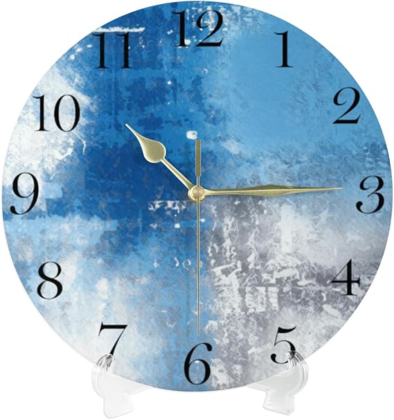 Silent Non Ticking Wall Clock - 10 Inch Battery Operated Quartz Movement Round Hanging Clock for Living Room Bedroom Bathroom Kitchen Workspace Home Decor, Abstract Blue and Grey Blocks Design