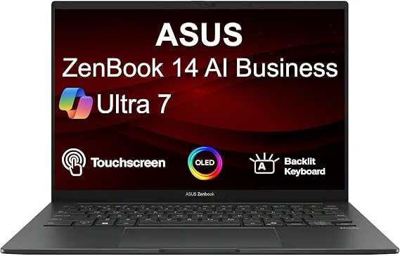 ASUS Zenbook 14 AI Business Laptop 14.0" Touchscreen OLED WUXGA Display | (Intel Ultra 7-255H, 16GB LPDDR5X, 1TB PCIe SSD, Intel Arc, Backlit KB, 2 Thunderbolt 4, Win 11 Home)