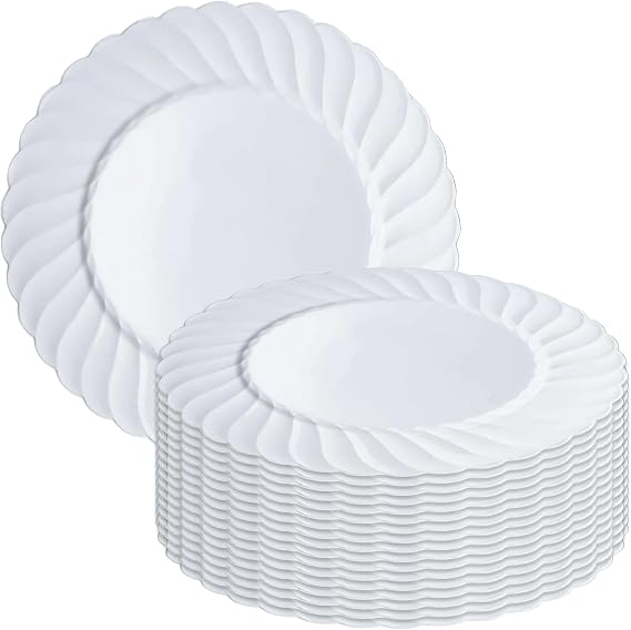 White Flair 6" Disposable Plastic Pastry Plates - 6" (Pack of 18) - Elegant Round Design - Perfect for Buffets, Lunches & Picnics