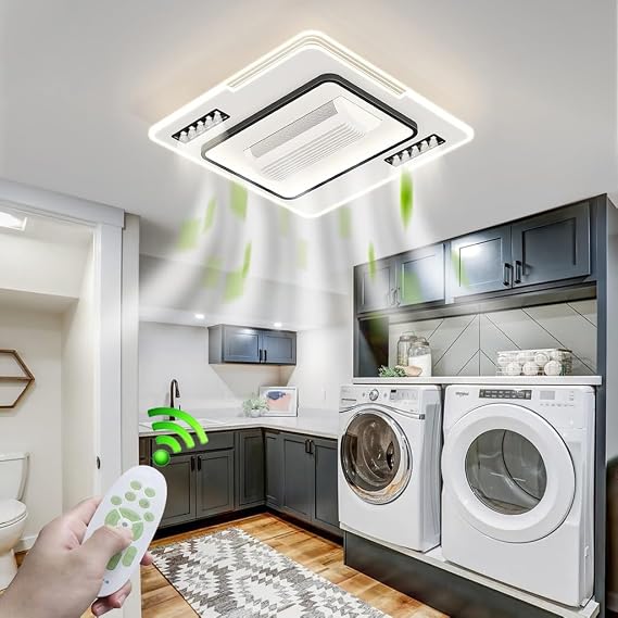 Modern Ceiling Fan with LED Light, Remote Control, Flush Mount, Bladeless, Black, Dimmable (B Style) [Energy Class E]
