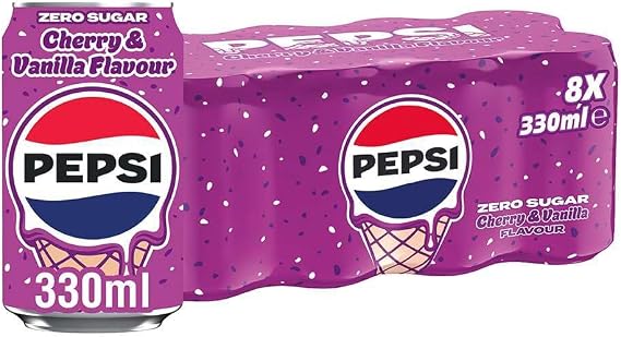 Pepsi Zero Sugar Cherry and Vanilla Ice Cream Flavour 330ml Can (Pack of 8)