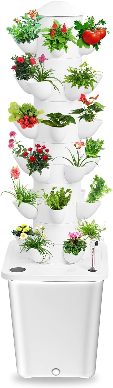 Hydroponics Growing System,Garden Hydroponics Growing System,Indoor Smart Garden with 10L Tank,6 Layers 30 Plants Indoor Hydroponic Vegetable Tower for Gardening Lover White US Plug