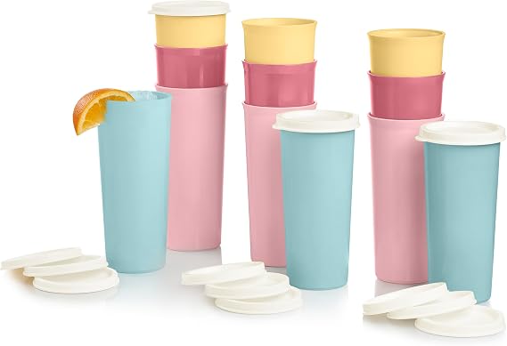 Tupperware Tumbler Set in Multicolor, 12 Count, Dishwasher Safe and BPA Free (12 Tumblers, 12 Lids, 16 fl oz each)