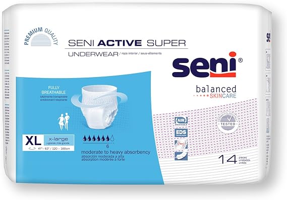 Seni Active Super Unisex Adult Incontinence Underwear, XL, 47-63 in, 56 ct