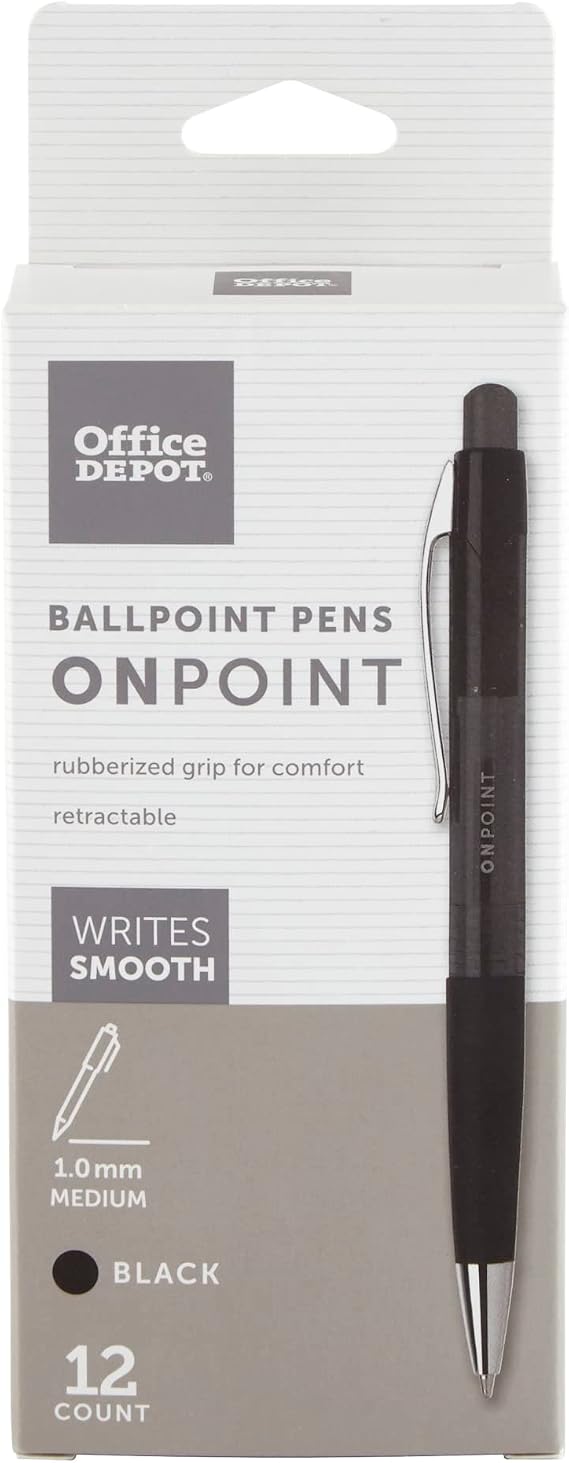 FORAY Office Depot Soft-Grip Retractable Ballpoint Pens, Medium Point, 1.0 mm, Black Barrel, Black Ink, Pack Of 12