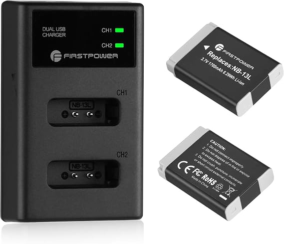 FirstPower 2X NB-13L Battery and Charger for Canon PowerShot G7X Mark III