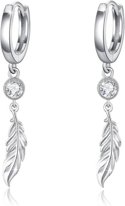 Feather Earrings,Angel Wing Earrings 925 Sterling Silver Feather Hook Earrings,Moonstone Feather Dangle Drop Earrings Hypoallergenic Angel Wing Feather Jewelry Gifts For Women Girls Sensitive Ears