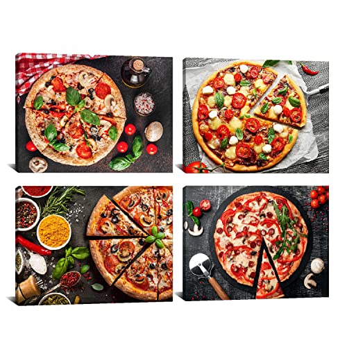 Derkymo 4 Pieces Food Canvas Wall Art Delicious Italian Pizza Served on Wooden Table Food Pictures Stretched Gallery Canvas Wraps Giclee Print for Kitchen Dinning Room Restaurant