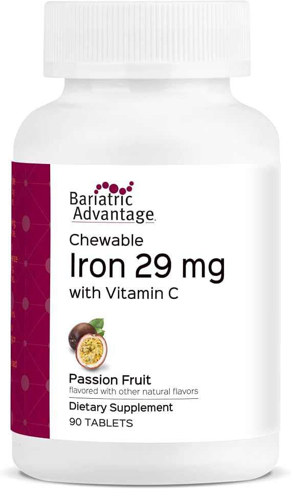 Bariatric Advantage Chewable Iron 29 mg, Passion Fruit, 90 Count | 29 mg Iron, for Bariatric Surgery Patients, Iron with Vitamin C, No Iron Taste, Ferrous Fumarate and Carbonyl Iron Supplement