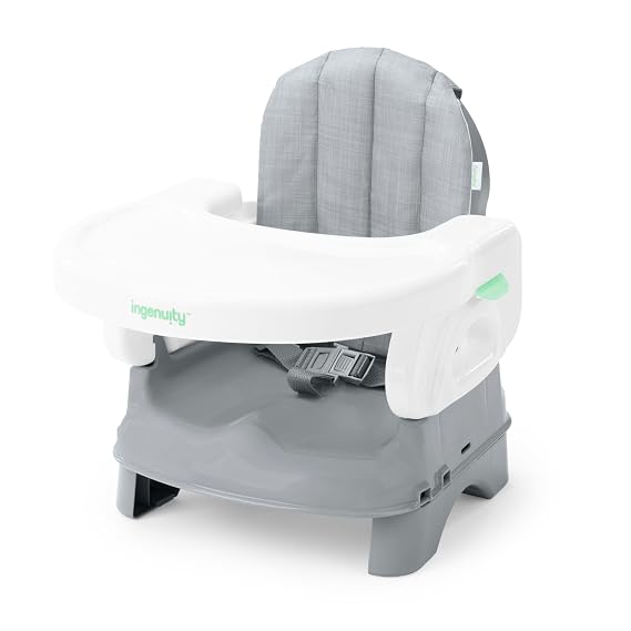 Ingenuity Deluxe Comfort Booster Seat for Kitchen Chair, Compact Fold, Portable, Lightweight, Toddler Booster Seat for Dining Table, from 6 Months to 3 Years Grey