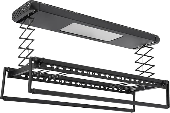 Electrical Retractable Drying Rack, Ceiling Mounted Clothes Drying Rack, Electric Retractable Airing Rack with Remote Control & LED Light for Indoor Balcony (Black)