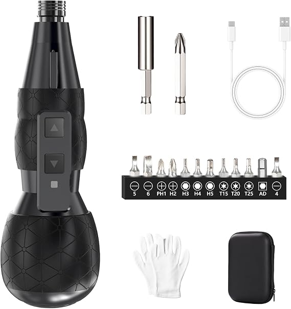 Mini Electric Screwdriver Set,Hillyfe 2500mAh Electric Screwdriver Cordless with LED Light, 13 Magnetic Bits, Extension Rod, Gloves, Storage Case,for Furniture/Electrical Repairs,Black
