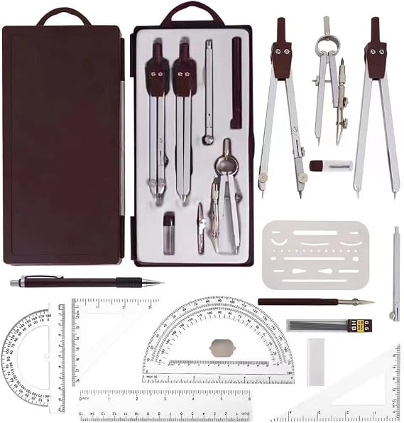 NEWSOURCE Metal Geometry Drawing Compass Drafting Kit, Engineering & Architecture School Tool Set with Set Square, Protractor, Erasing Shield and More, Net Weight 8.5Oz