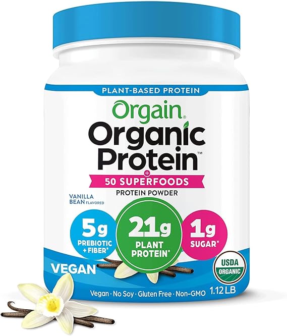 Orgain Organic Vegan Protein + 50 Superfoods Powder, Vanilla Bean - 21g Plant Based Protein, 8g Prebiotic Fiber, No Lactose Ingredients, Gluten Free, No Added Sugar, 1.12 lb (Packaging May Vary)
