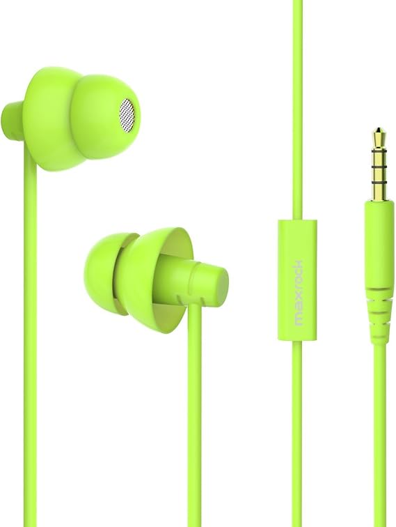 MAXROCK Wired Sleep Earphones Soft Sleep Earbuds Total Silicon Sleeping Headphones with in-line Mic for Cellphones, Mp3, Tablet pocasts 3.5mm, Green