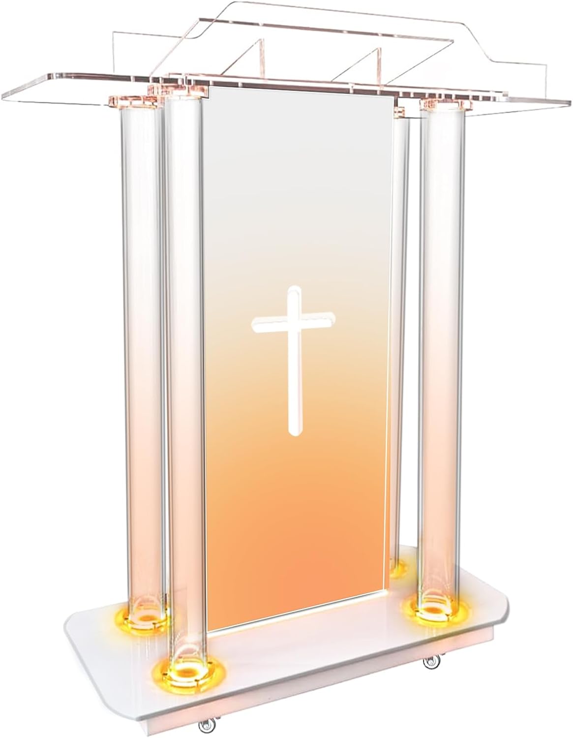 Church Pulpit with 15 Colors Adjustable and 4 Flashing Models, 46” Clear Acrylic Podium with Wheels &Vertical Reading Platform, Lecterns for Churches Entrance, Classroom