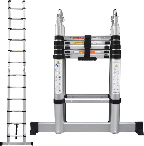 Aluminium Telescopic Folding Loft Ladder, 3.8M Multi Purpose A Frame with Stabiliser, 6+6 Steps Foldable Extension Ladder for Attic, Roof, Home