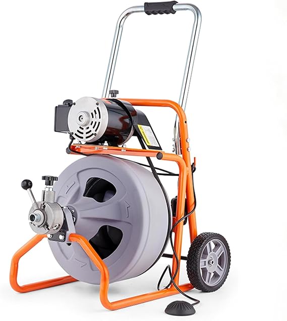 HoldwellS Drain Cleaner Machine, 100FT 3/8 Inch Upgraded Electric Feed Sewer Snake Auger, Wheeled Telescopic Portable Drain Cleaner with 8 Cutters & Air-Activated Foot Switch for 2" to 4" Pipes