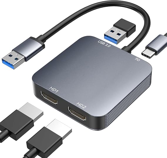 ABLEWE USB 3.0 to Dual HDMI Adapter with USB 3.0 Port, HDMI to USB Audio Video Graphics Converter Cable for Laptop Monitor Desktop TV, Compatible with Mac OS, Windows