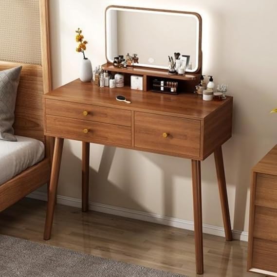 Mirror Table Vanity Dresser Desk Set with Drawers, Storage with Lighted Mirror, Adjustable Brightness, Vanity Desk with 3 Drawers and Shelves, Suitable for Living Room, Bedroom Living Room 39.4