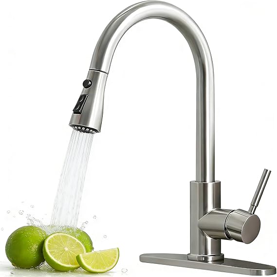 Kitchen Faucets with Pull Down Sprayer, Brushed Nickel High Arc RV Laundry Bar Commercial Sink Faucet, 1 or 3 Hole Stainless Steel Single Handle Faucets for Kitchen Sink with Deck Plate