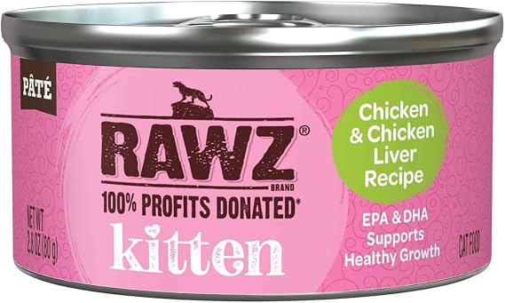 Rawz Natural Premium Pate Canned Kitten Wet Food - Made with Real Meat Ingredients No BPA or Gums -2.8 oz Cans (Case Pack of 18) (Chicken & Chicken Liver)