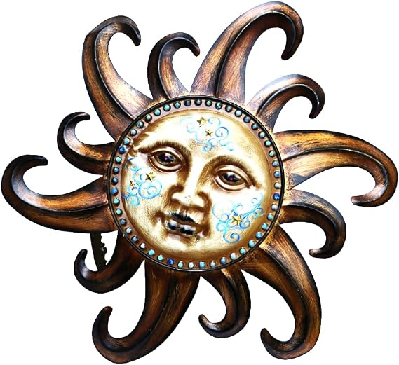 Whimsical Large Boho 18 Inch Metal Sun Face Wall Art Plaque with Hand Painted Swirls and Gold Star Accents Celestial Bohemian Home Decor for Teen Bedroom Living Room Covered Porch