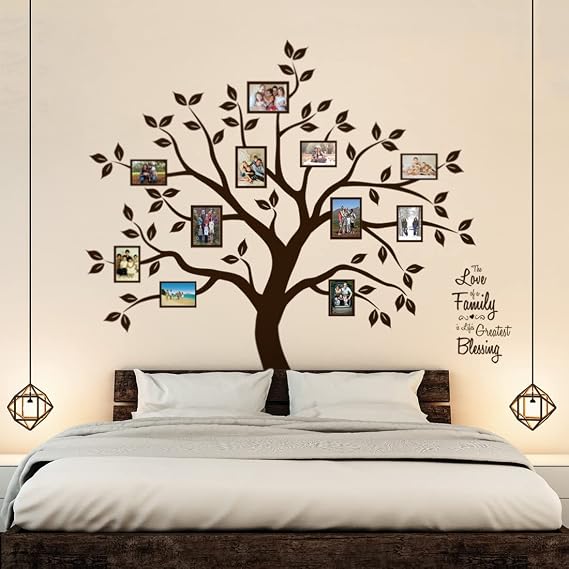 Family Tree Wall Decor Large Tree Wall Decals Dark Brown Vinyl Photo Frames Collage Frame Wall Stickers with Quote