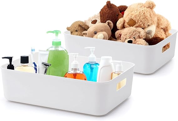 BigTron Quality Plastic Storage Boxes Large White Bathroom Storage Baskets, Durable Tidy Organizers for Home Cupboard Cabinet Shelves, Office Bathroom Bedroom Kitchen Pantry, 33 x 23 x 10 cm, Set of 2