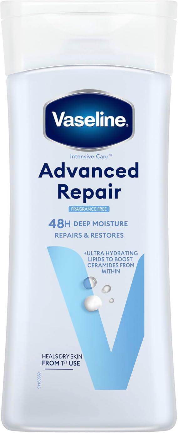 Vaseline Intensive Care Advanced Repair Unscented Body Lotion – Heals Very Dry Skin in 5 Days with Vaseline Jelly & Glycerin, For Dry, Rough, Sensitive Skin 200ml