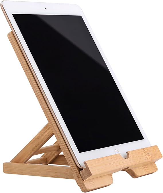 Bamboo Tablet Stand Holder Adjustable Folding Wood iPad Stand with Chargeable Hole for Desk iPad Cooking Stand
