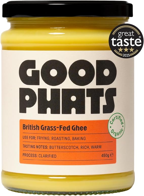 GOOD PHATS Organic British Grass-Fed Ghee, For Cooking & Roasting, 450g | 100% Organic British Grass-Fed Ghee, High Smoke Point For Frying & Roasting - Buttery, Rich & Warm