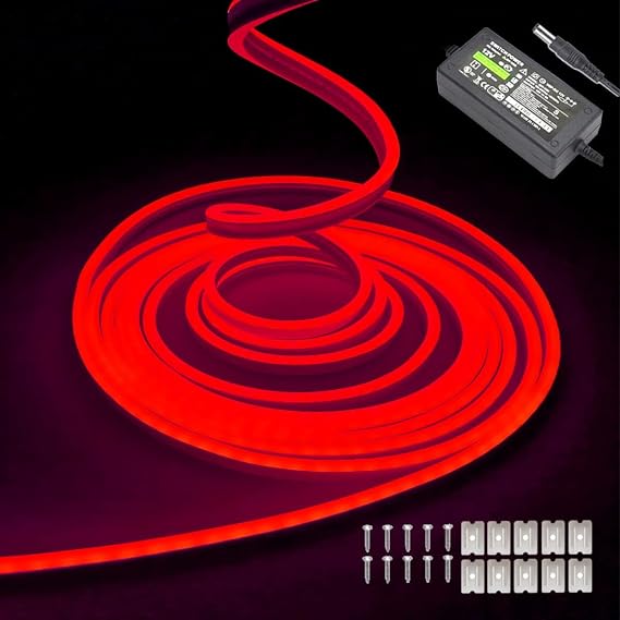 Red neon LED strip lights – 16.4ft/5m 12V DC flexible rope light with 600 high-density SMD2835 LEDs, featuring IP65 waterproof rating for indoor and outdoor decoration (includes power adapter). [Energy Class D]