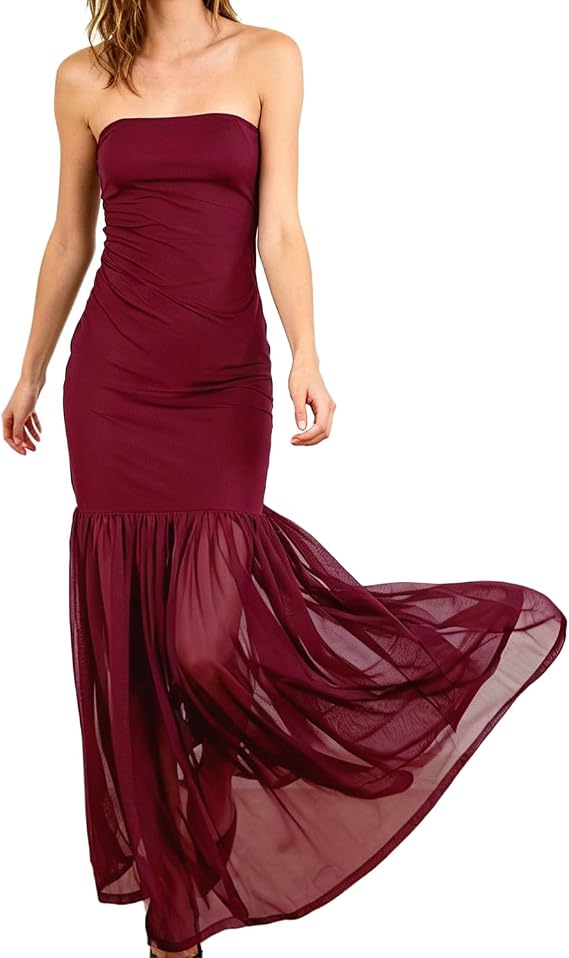 Womens Strapless Mermaid Maxi Dress Off Shoulder Tulle Hem Long Dress Night Club Party Cocktail Dresses