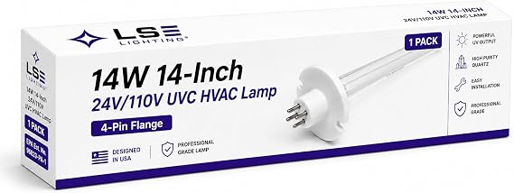 LSE Lighting 14W 14-Inch 24V/110V UVC HVAC Lamp with 4-Pin Flange | Universal replacement bulb with 2-inch flanged base and no keyhole; fits home UV systems; designed in USA.