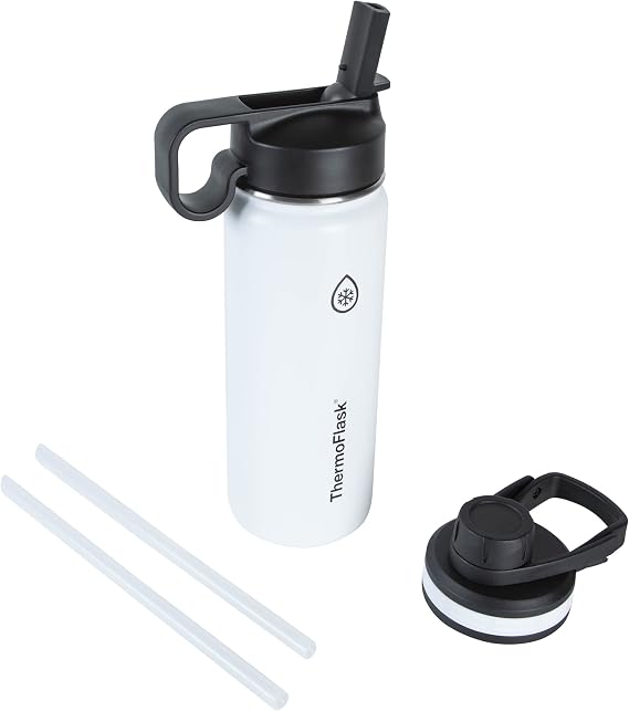 ThermoFlask 18 oz Double Wall Vacuum Insulated Stainless Steel Water Bottle - Reusable with Leakproof Chug & Straw Lids - Keeps Drinks Cold 24 hr/Hot 12 hr - Easy Maintenance - Gym/On-the-Go, White