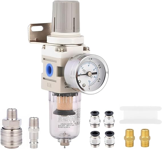 1/4" NPT Air Filter Regulator Combo, Air Pressure Water Separator for Air Compressor System, 1/4 Inch Air Filter with Coupling
