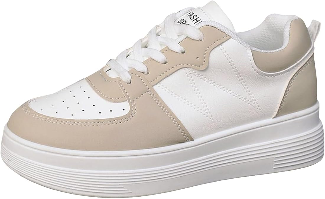 Women's Fashion Sneakers Platform Round Toe Leather Panel Shoes Color Blocked Stylish Lace Up Womens Shoe Comfortable Breathable Walking Shoes with Arch Support and Memory Foam Insole